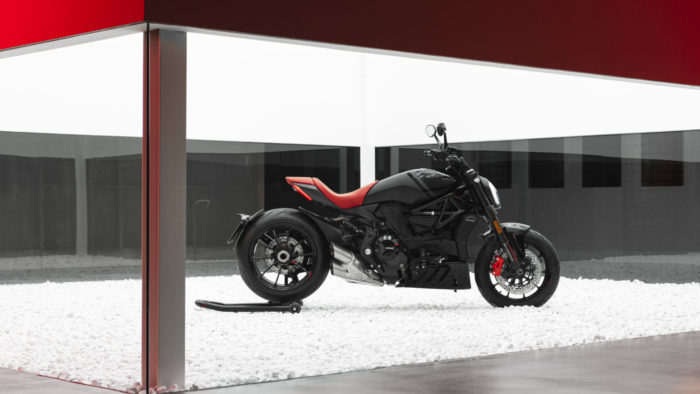 A view of the Ducati XDiavel Nera, complete with dedicated accoutrements