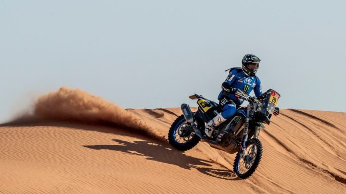 Adrien Van Beveren aboard the Monster Energy Factory Yamaha at the 2022 Dakar Rally